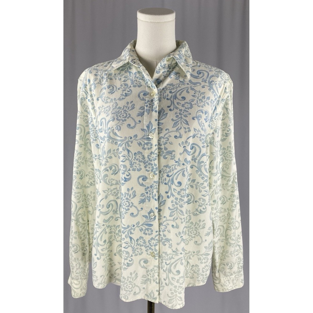 Victoria Jones Button Up Womens Med Blue Corduroy Floral Toile Shacket Cottage